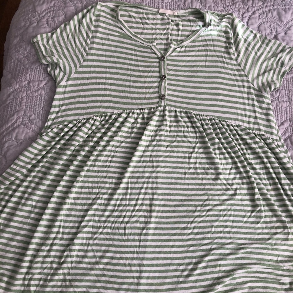 Cute Striped Button Flowy Shirt Green and White